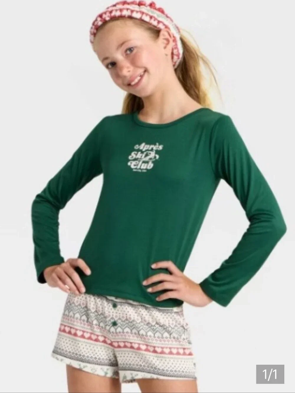 NEW Art Class Green Long-Sleeve Pajama Set Headband, Top & Shorts Girl's L 10 12